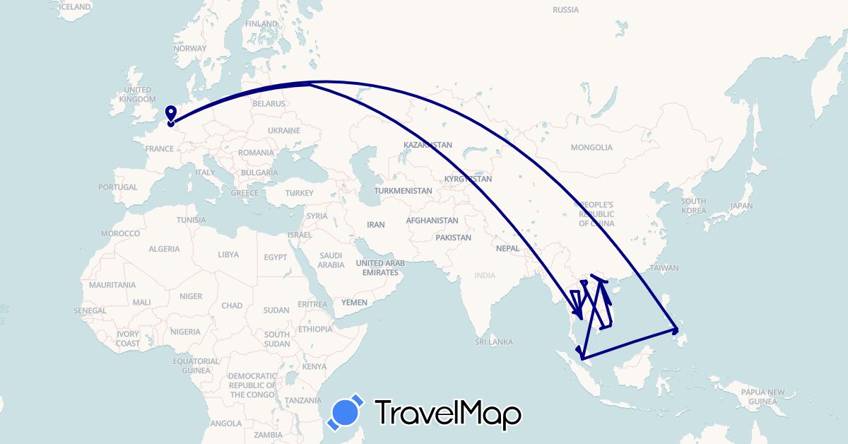 TravelMap itinerary: driving in Belgium, Laos, Malaysia, Philippines, Russia, Thailand, Vietnam (Asia, Europe)